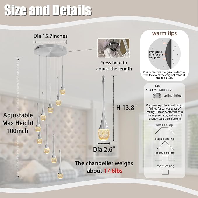 9-Lights H100'' Modern Chandelier 9-Lights Silver Foyer Entrance Chandeliers High Ceiling Chandelier LED Dimmable 2700-6000K Fixtures