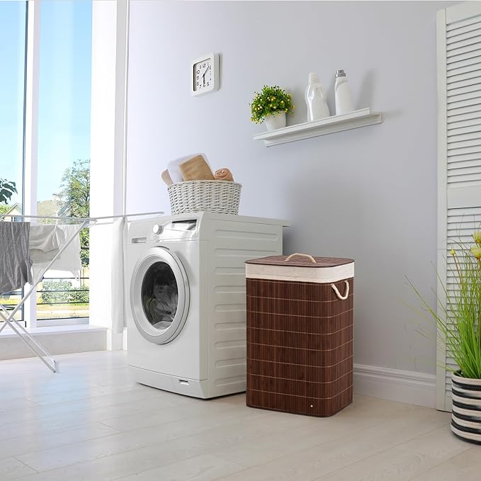 Laundry Hamper with Lid, Bamboo Laundry Basket with Handles & Removable Liner, 19 Gal (72L) Foldable Laundry Hamper for Laundry Room, Bedroom, Bathroom, Living Room (Square Brown)