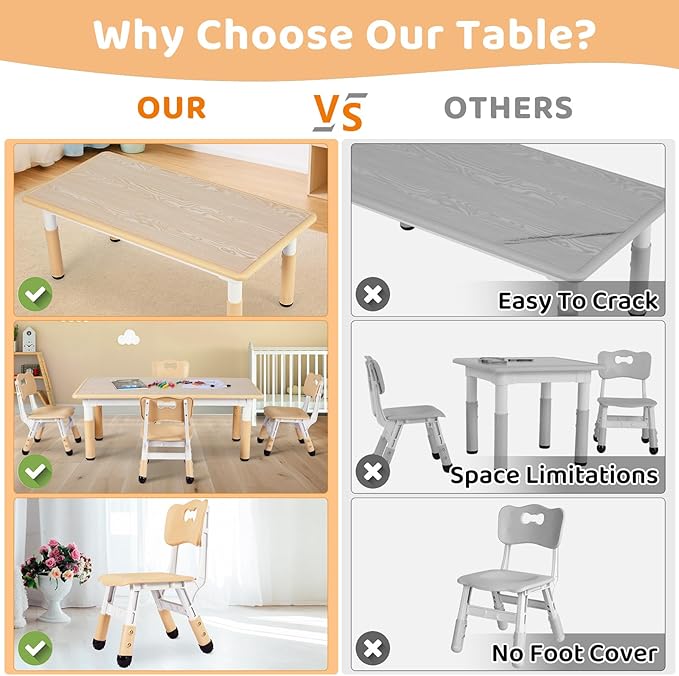 Arlopu Kids Table and 6 Chairs Set, Height Adjustable Graffiti Desk, Preschool Activity Art Craft Table, for Daycare Classroom Home Boys and Girls Age 3-12 (Beige)