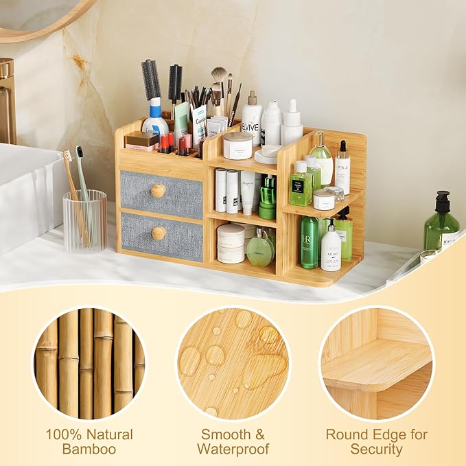 Bamboo Makeup Organizer Countertop For Vanity Dresser,Large Bathroom Counter Organizers And Storage,Cosmetic Skincare Perfume Organizer With 3 Makeup Brush Holder/2 Drawers/5 Shelves /8 Compartments