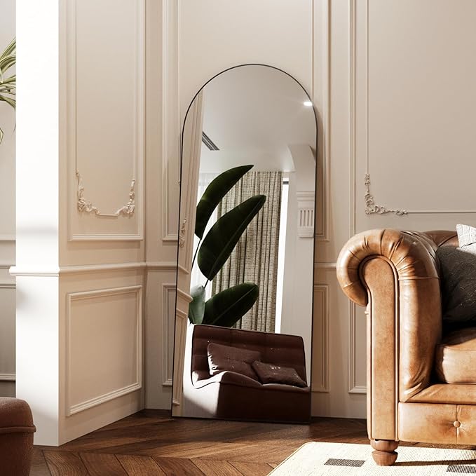 Arched Full Length Mirror 71"x28", Black Tempered Glass Wall Hanging Mounted Body Length Mirrors with Stand, Large Floor Aluminum Alloy Thin Frame