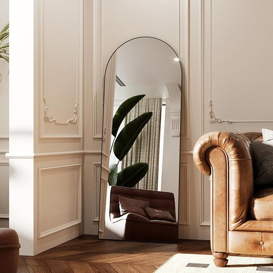 Arched Full Length Mirror 71"x28", Black Tempered Glass Wall Hanging Mounted Body Length Mirrors with Stand, Large Floor Aluminum Alloy Thin Frame