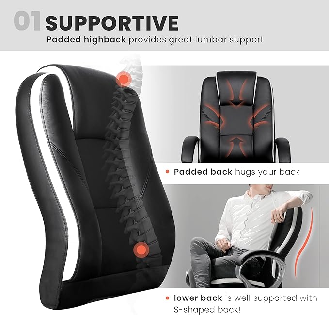 NEO CHAIR Office Desk Ergonomic Gaming Chair High Back Adjustable Computer Chair with Wheels and Lumbar Support Comfy Leather Executive Swivel (Black)