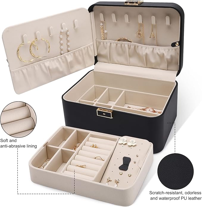 KAMIER Jewelry Holder Organizer, 2 Layers PU Leather Jewelry Box, Large Capacity, Double Lock and Large Mirror, Hidden Necklace Hooks, Removable Dividers, Gift Box Packaging, Black