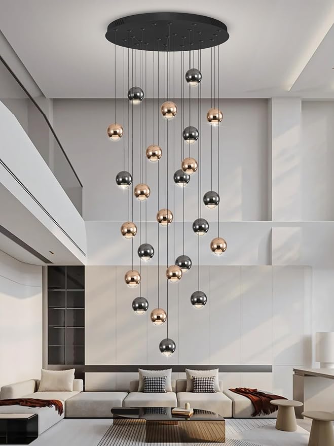 LED Staircase Chandelier Crystal Ceiling Lights Large Chandeliers for High Ceilings, Entryway Modern Lighting Fixture Villas and Stairs 24 Lights Black and Gold Dimmable 2700k-6000k