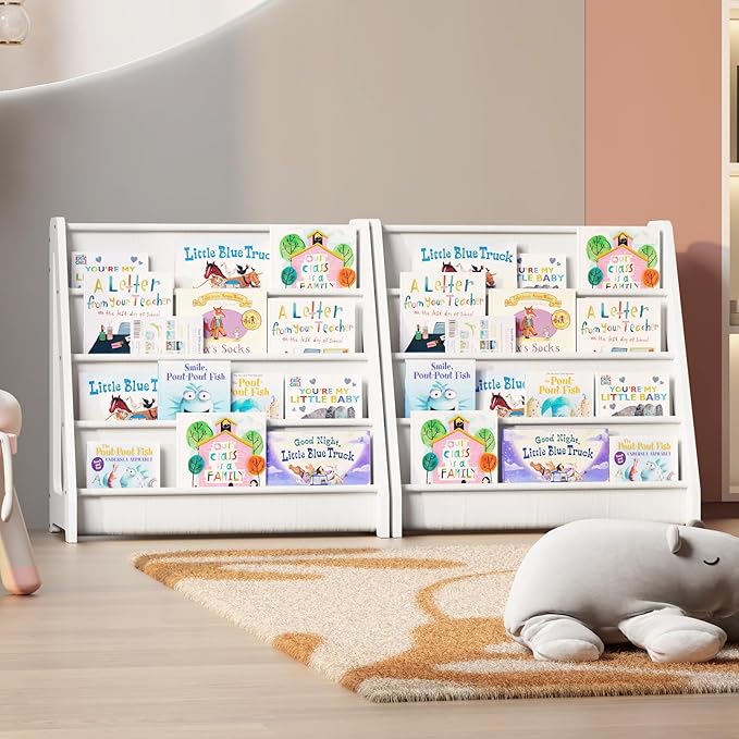 NACHES 4-Tier Fabric Kids Bookshelf, Large Capacity Montessori Sling Bookcase with 4 Deep Pockets, Magazine and Book Storage Rack for Nursery, Kids Room, Bedroom, Playroom (White)