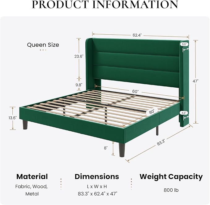 SHA CERLIN Queen Size Velvet Bed Frame/Vertical Channel Tufted Wingback Headboard/Upholstered Platform Bed with Wooden Slats/Mattress Foundation/No Box Spring Needed/Easy Assembly/Green