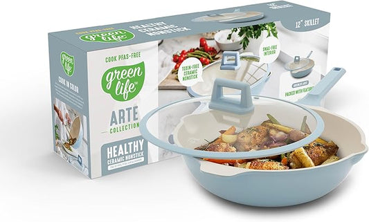 GreenLife Nonstick 12” (5QT) All in One Deep Skillet Wok with Lid, PFAS-Free Non-Toxic Ceramic Multi-Purpose Pan, Induction, All Stovetop, Egg, Stir Fry, Saute, Stay Cool Handle, Blue Haze