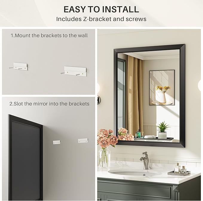 48x30 Inch Black Bathroom Mirror for Wall, Thick Metal Framed Rectangle Mirrors for Over Sink, Bedroom, Living Room, Entryway, Anti-Rust, HD Tempered Glass