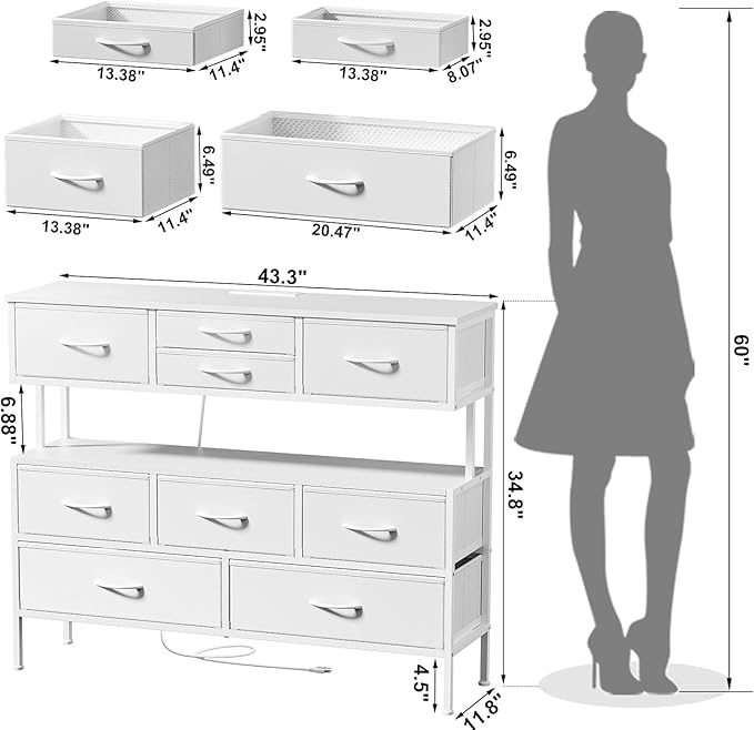 REAHOME Dresser TV Stand with Charging Station and LED Lights, 55” TV Stand Entertainment Center with 9 Drawers, Steel Frame, Large Storage Chest of Drawers for Bedroom, Living Room, White