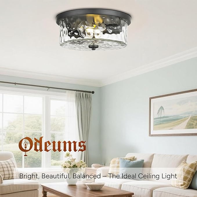 Modern Flush Mount Light, Farmhouse Close to Ceiling Lighting, Hammered Glass Light for Bedroom, Living Room, Kitchen Island (Black, 13" D)