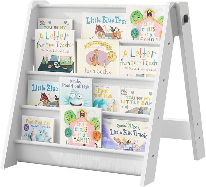 NACHES 4-Tier Foldable Kids Bookshelf, Large Capacity Montessori Sling Bookcase with 4 Deep Fabric Pockets, Magazine and Book Storage Rack for Nursery, Kids Room, Bedroom, Playroom (White)