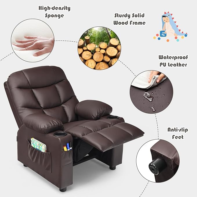 Kids Recliner, Kids Recliner Chair w/ 2 Cup Holders, PU Leather Kids Chairs Compy w/Adjustable Backrest & 3 Pockets, Toddler Furniture Sofa for Boys Girls Aged 3+ (Brown)