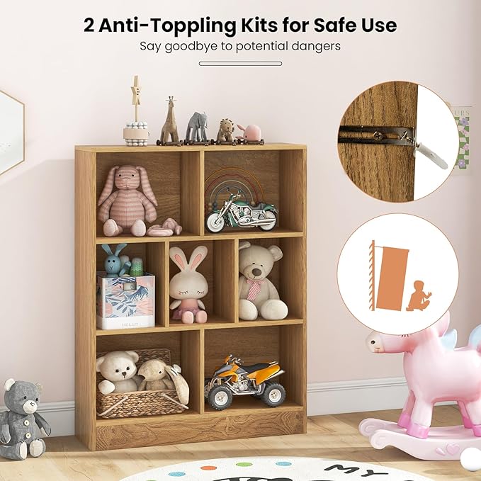 Costzon Wooden Toy Storage Organizer, 7-Cube Kids Bookshelf w/ 2 Anti-Toppling Kits, 3 Tier Open Shelves & Non-Slip Foot Pads, Book Shelf for Kids Rooms, Playroom, Classroom, Nursery (Natural)