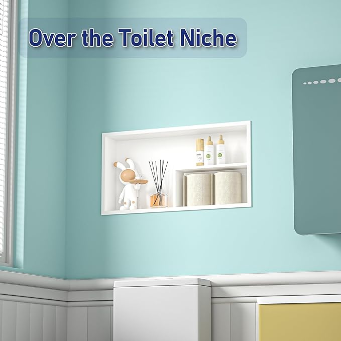 Stainless Steel Shower Niche 12"×24" White with Shelf No Tiled Needed Horizontal Niche Shower for Bathroom Wall Recessed Shower Shelf