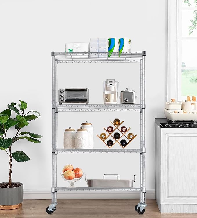 PayLessHere 4-Tier Adjustable Shelf Shelving Unit Shelves Shelf Heavy Duty Storage Steel Organizer Wire Rack (350 lbs Loading Capacity per Shelving) with Wheels Multi-Function Easy Assembly,Chrome