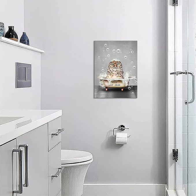 Funny Owl Bathroom Wall Art - Farmhouse Animal Owl In Bathtub Pictures Canvas Prints Painting Artwork Home Decorations Framed 16"x20"