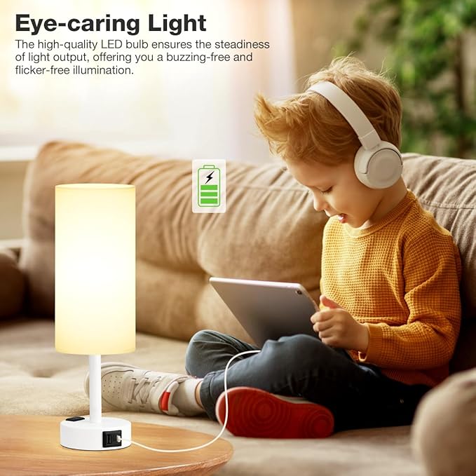 Matte White Bedside Table Lamp for Bedroom - 3 Way Dimmable Touch Lamp USB C Charging Ports and AC Outlet, Small Lamp Round Flaxen Fabric Shade for Living Room, Desk, LED Bulb Included