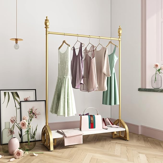 Gold Clothing Rack, Boutique Gold Clothes Racks with Shelf for Display, Heavy Duty Garment Rack for Retail Use (47.24L)