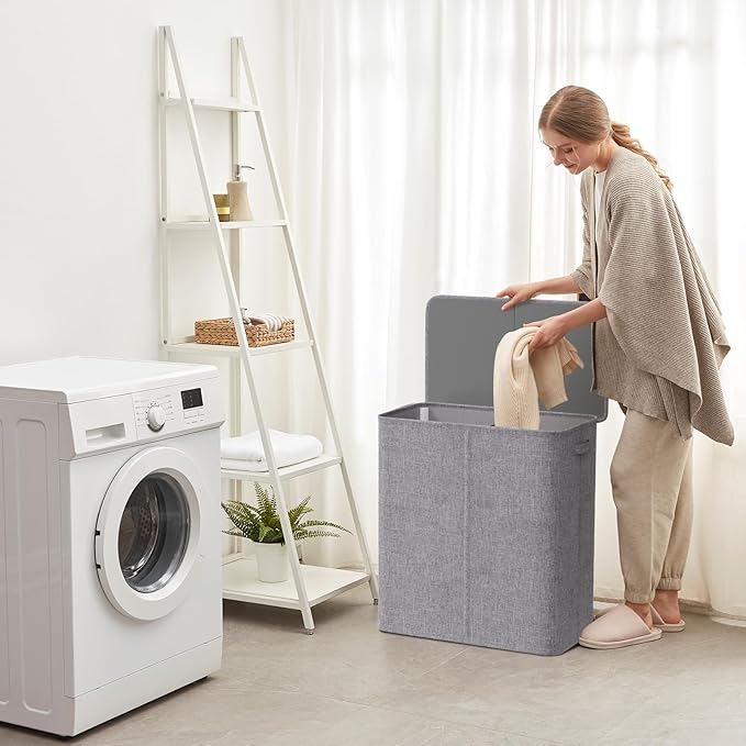 Lifewit Double Laundry Hamper with Lid and Removable Laundry Bags, Large Collapsible 3 Dividers Dirty Clothes Basket with Handles for Bedroom, Laundry Room, Closet, Bathroom, College, 145L Light Gray
