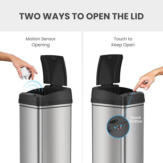iTouchless 13 Gallon Kitchen Trash Can with Lid & Odor Filter – Motion Sensor Stainless Steel Garbage Bin for Home, Office, or Garage – Slim, Large Capacity Design