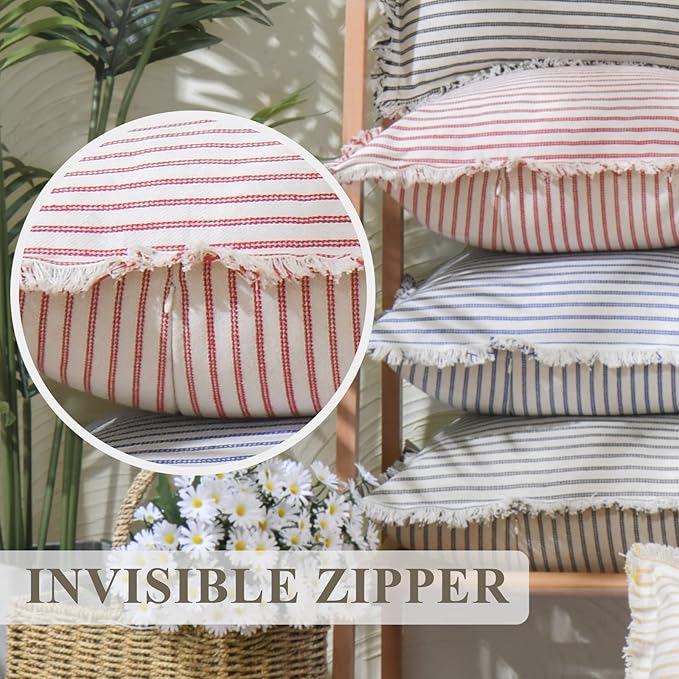 ZWJD Throw Christmas Pillow Covers 16x16 Set of 2 Striped Pillow Covers with Fringe Chic Cotton Decorative Pillows Square Cushion Covers for Sofa Couch Bed Living Room Farmhouse Decor