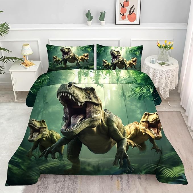 Kids Dinosaur Comforter Set Full Size for Boys Green Dino Quilt Set Soft Microfiber Dino Bed Set for All Season Use Dinosaur Bedding Set with 1 Comforter + 2 Pillowcases