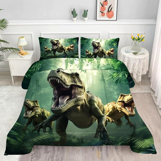 Kids Dinosaur Comforter Set Full Size for Boys Green Dino Quilt Set Soft Microfiber Dino Bed Set for All Season Use Dinosaur Bedding Set with 1 Comforter + 2 Pillowcases