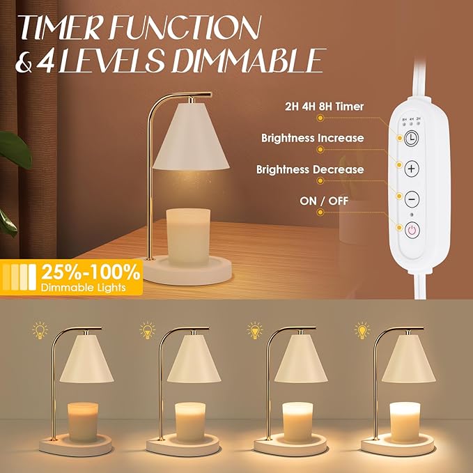 Candle Warmer Lamp with Timer, Dimmable Candle Lamp for Small and Large Jar Candles, Modern Candle Warmer Lamp with 2 Bulbs(White Gold)