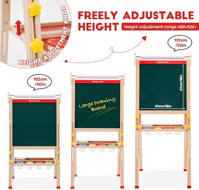 Wooden Art Easel for Kids Ages 2-12,Double-Sided Chalkboard & Whiteboard with Paper Roll,Folding Storage Tray,Gift for Boys & Girls