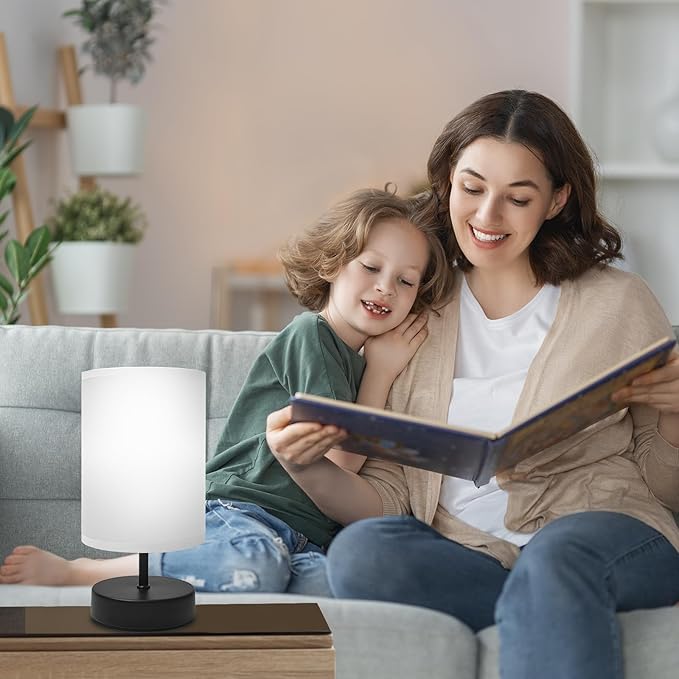 Small Lamp for Bedroom, Bedside Lamps for Night Stands, Mini Minimalist Table Lamp with Round Gray Fabric Shade, 9 Inch Desk Reading Lamp for Dorm Room Living Room Office Room, 2 Pack