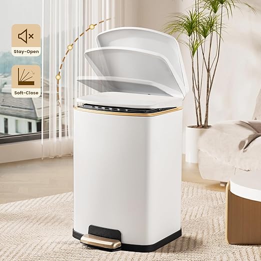 ELPHECO Bathroom Trash Can with Lid 4 Gallon / 15.1 Liter Stainless Steel Garbage Bin with Pedal White Trash Can with Removable Inner Bucket for Kitchen (Matte White)