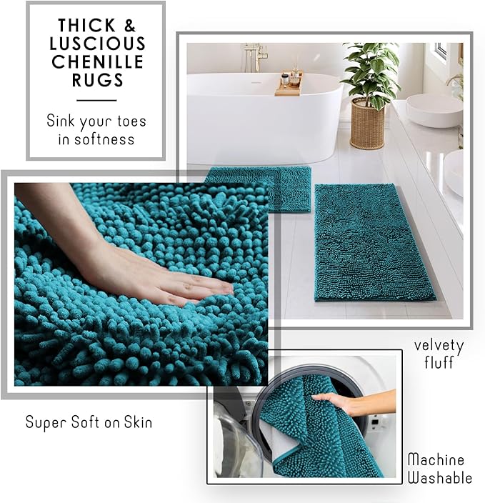 Bathroom Accessories Set with Shower Caddy and Bath Rugs, 27PC Bathroom Accessory Set with Shower Caddies Teal Bath Rugs, Shower Curtain Set, Toilet Brush, Trash Can, Soap Dispenser, Toothbrush holder