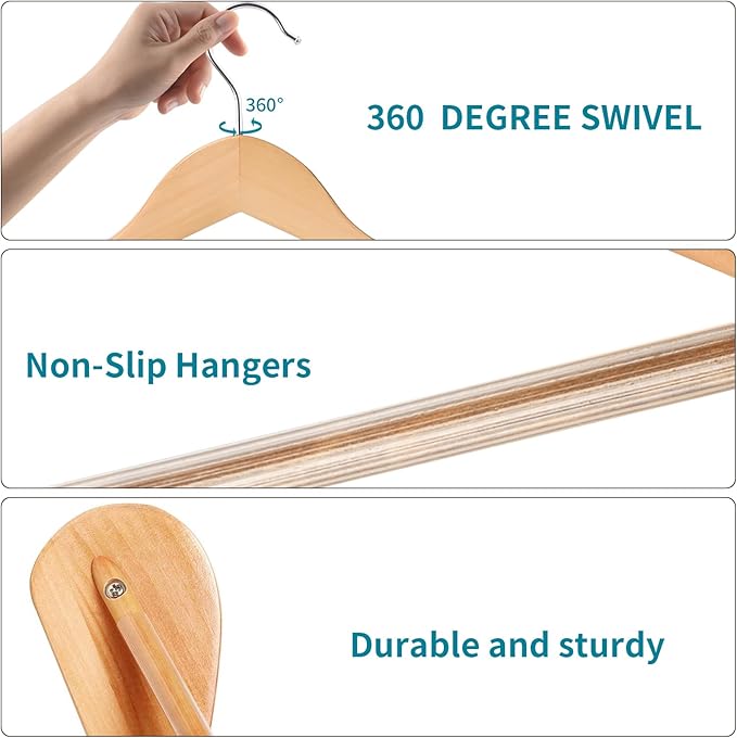 Solid Wood Suit Hangers, 6 Pack, Coat Hangers with Non Slip Trouser Bar, 360° Swivel Hook, Heavy Duty Wide Hangers for Suit, Coat, Jacket, Trousers, Pants,17.3" W x 9" H, Natura AWY0406N