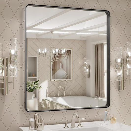 LOAAO 32x36 Inch Black Metal Framed Bathroom Mirror for Wall, Matte Black Bathroom Vanity Mirror Farmhouse, Large Rounded Rectangle Mirror, Anti-Rust, Tempered Glass, Hangs Horizontally or Vertically