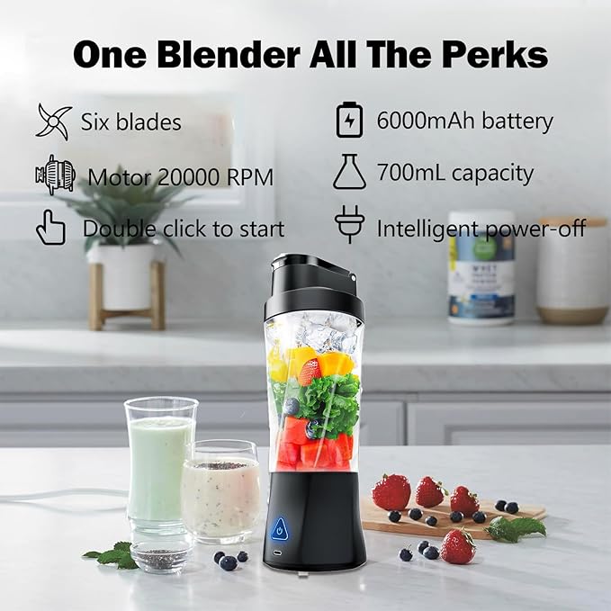 Portable Blender, 24oz Personal Blender for Shakes & Smoothies, 6000mAh, Leakproof-Lid & Sip Spout, BPA Free, USB-C Rechargebale and Self Cleaning Portable Juicer with 6 Sharp Blade, Black