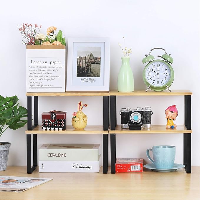 MOOACE Kitchen Cabinet and Counter Shelf Organizer, Stackable & Expandable, Set of 4, Black and Natural