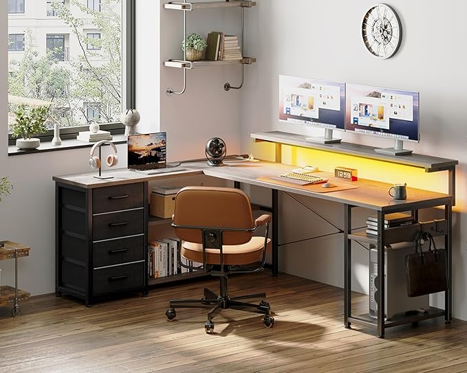 AODK 61" L Shaped Desk with Drawer, Computer Desk with Power Outlets & LED Lights, Reversible Corner Gaming Desks for Home Office Workstation, Office Table with Monitor Shelf, Gray
