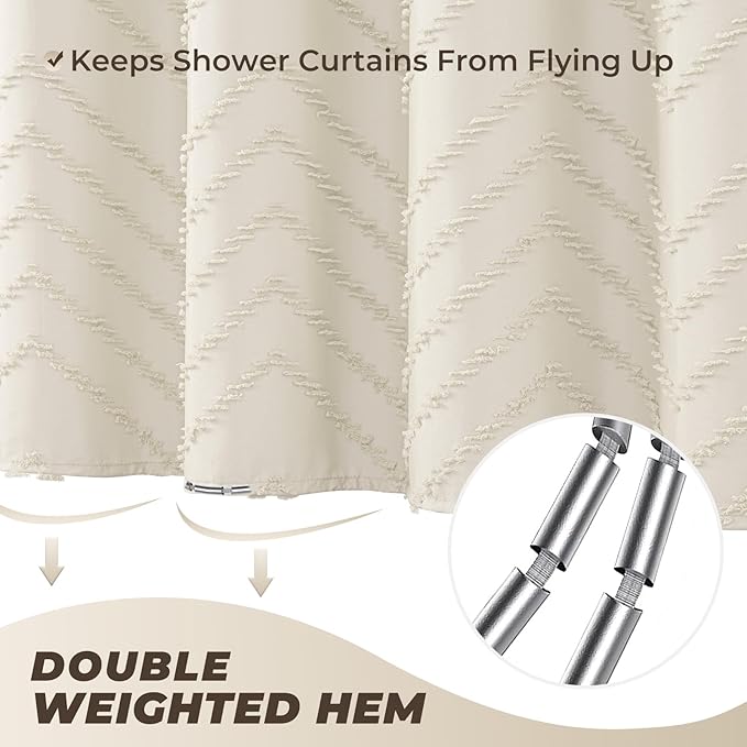 Extra Long Cream Shower Curtain Boho Farmhouse Shower Curtain 72 x 78 Tufted Chevron Textured Striped Minimalist Shower Curtains