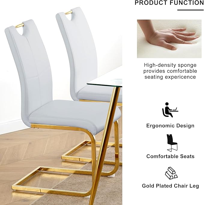 Goujxcy 3 Pieces Round Dining Table Set for 2, Modern Gold Glass Kitchen Table and Chairs for 2 with Upholstered Chairs, Circle Coffee Dining Table Set for Small Space,Apartment,Office