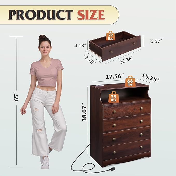 WLIVE Brown Dresser for Bedroom, Tall Wood Dresser with 4 Drawers and Open Shelf, LED Chest of Drawers with Charging Station and LED Lights for Living Room, Hallway, Closet, Rustic Brown