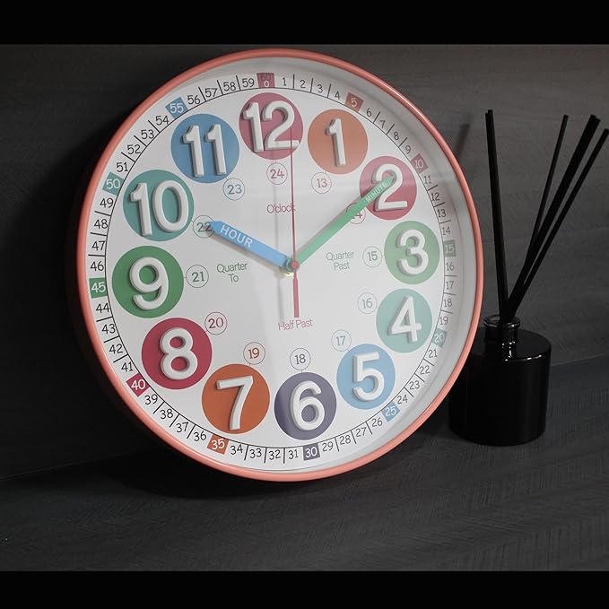 Learning Time Clock for Kids, 12 Inch 3D Peach Pink Classic Silent Wall Clock, Bedroom, Kitchen, Classroom, Decor at School, Clear Digital Clock for Kids Room