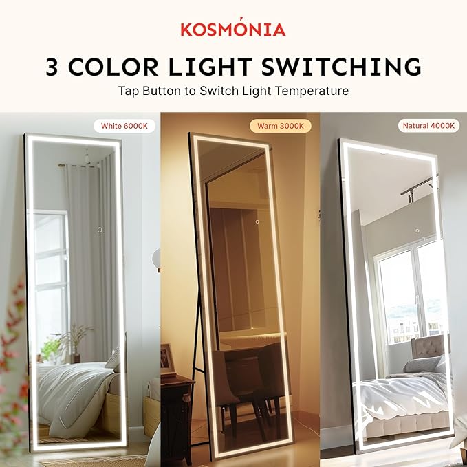 60x16 Frameless Full Length Mirror, Dimmable 3 Color LED Light w/Memory Function, Distortion Free, HD Reflection & Anti Desilvering, Tempered Glass & Shatter Proof Film Doubling Safety