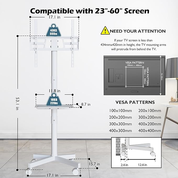 BONTEC Mobile TV Stand with Tilt Function, Rolling TV Stand for 23-60" LED, LCD, OLED TVs, Holds up to 88lbs, Max VESA 400x400mm, Adjustable Media Shelf, TV Cart for Living Room, Bedroom, Office