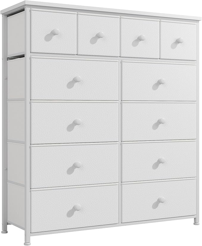 Dresser for Bedroom with 12 Drawers Tall Dressers for Bedroom Fabric Dressers & Chest of Drawers with Sturdy Metal Frame, Wood Top, for Woman, Closet, 40.6" W x 11.8" D x 44.5" H (White)