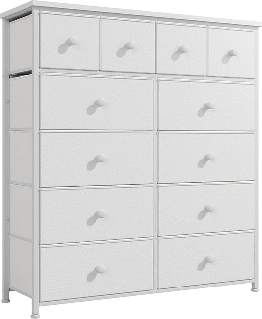 Dresser for Bedroom with 12 Drawers Tall Dressers for Bedroom Fabric Dressers & Chest of Drawers with Sturdy Metal Frame, Wood Top, for Woman, Closet, 40.6" W x 11.8" D x 44.5" H (White)