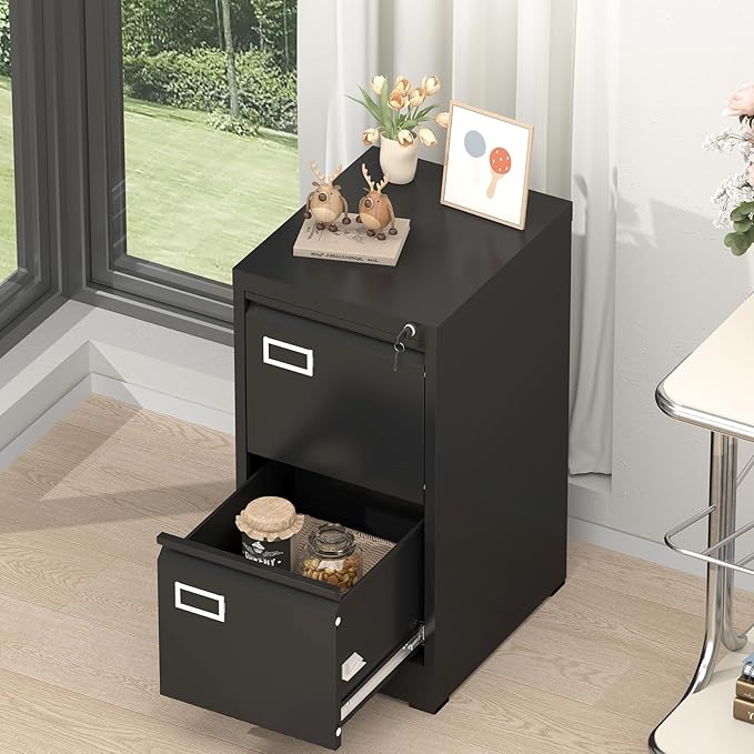 GREATMEET 2 Drawer File Cabinet with Lock, Small Metal File Cabinets for Home Office 2 Drawer, Black Vertical Filing Cabinets for Letter/Legal/A4/F4 Size File,Assembly Require