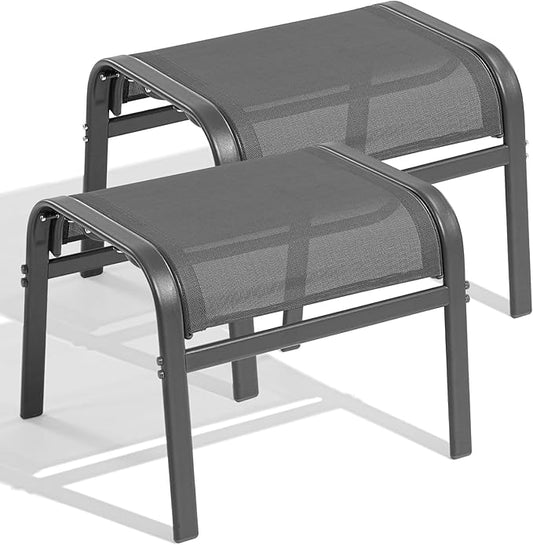 ONBRILL Outdoor Ottoman Set of 2, All Weather Outdoor Foot Stool with Supportive Textliene and Metal Frame, Stackable Oversized Outdoor Foot Rest for Furniture Patio Garden Pool, Grey