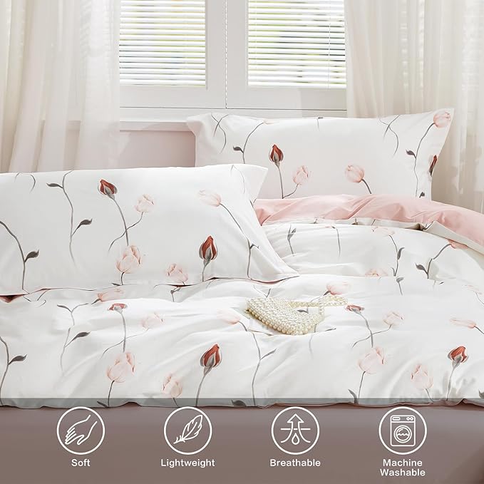 SAPHREAS Pink Red Rosebud Floral Duvet Cover Set King Size 3pcs Botanical Flower Soft Bedding Comforter Cover Set 100% Cotton 1 Duvet Cover 104"x90" 2 Pillow Shams, Comforter Not Included