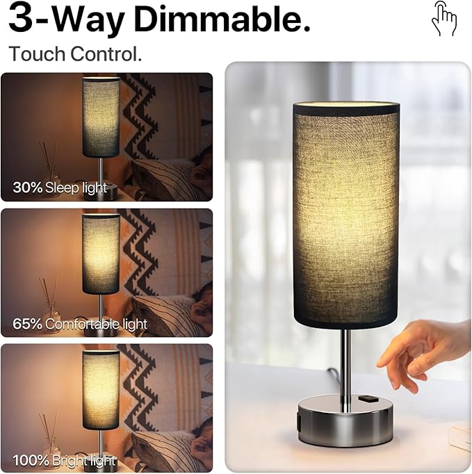 KPQ Small Bedside Lamp Touch Control Table Lamp with USB A+C Charging Ports & AC Outlet 3-Way Dimmable Nightstand Lamp with Linen Fabric Shade for Bedroom Living Room